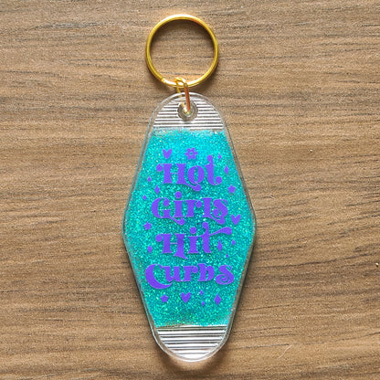 Personalized Hot Girls Hit Curbs Retro Motel Glitter Keychain, Retro Motel Keychain, Personalized Gift, Funny Motel Keychain