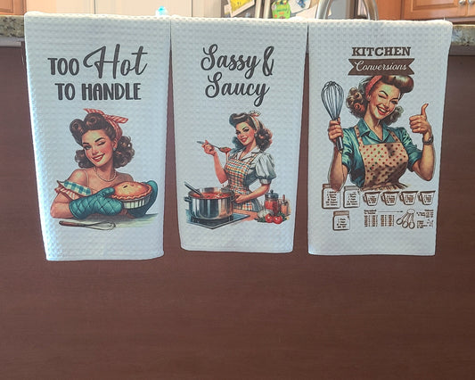 Retro Women Kitchen Hand Dish Towels, Funny Kitchen Towels, Retro Decor, Gift For Her, Housewarming Gift, Choose Your Design