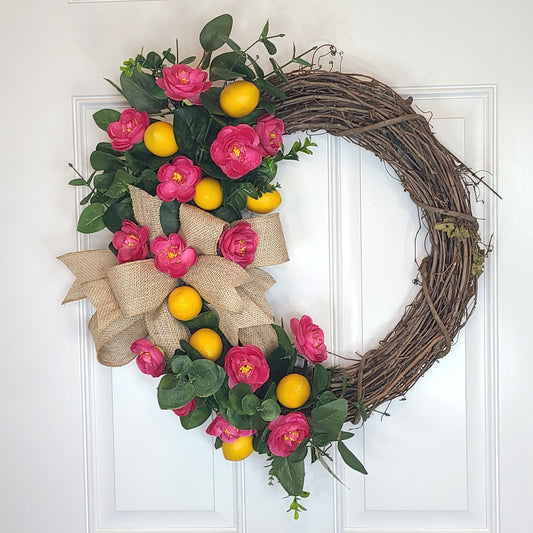 Spring Summer Pink Ranunculus And Yellow Lemon Wreath, Floral Wreath, Burlap Bow Wreath, Farmhouse Wreath, Front Door Decor