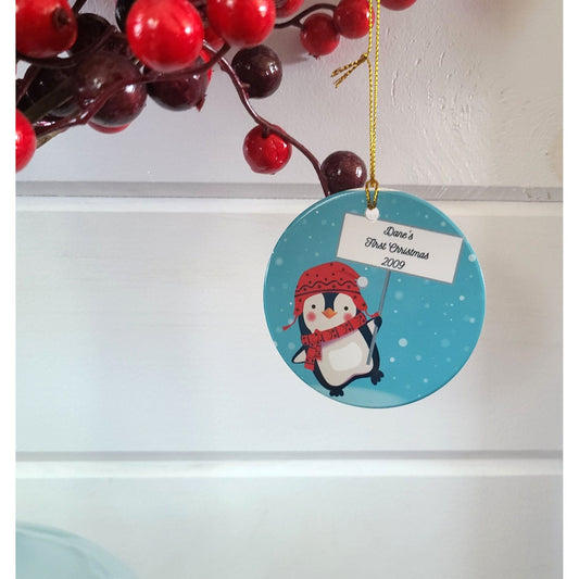 Personalized Baby's First Christmas Penguin Round Ornament