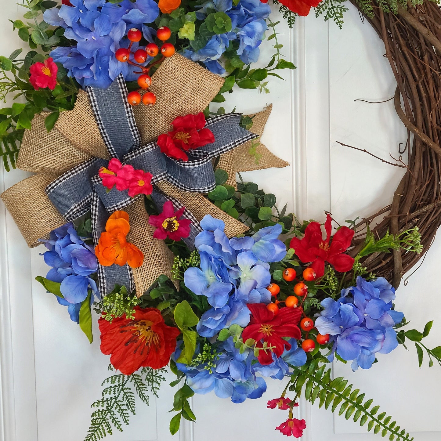 Summer Blue Hydrangea And Wild Flower Wreath, Front Door Decor, Farmhouse Wreath, 18" Grapevine Wreath, Burlap Bow Floral Wreath