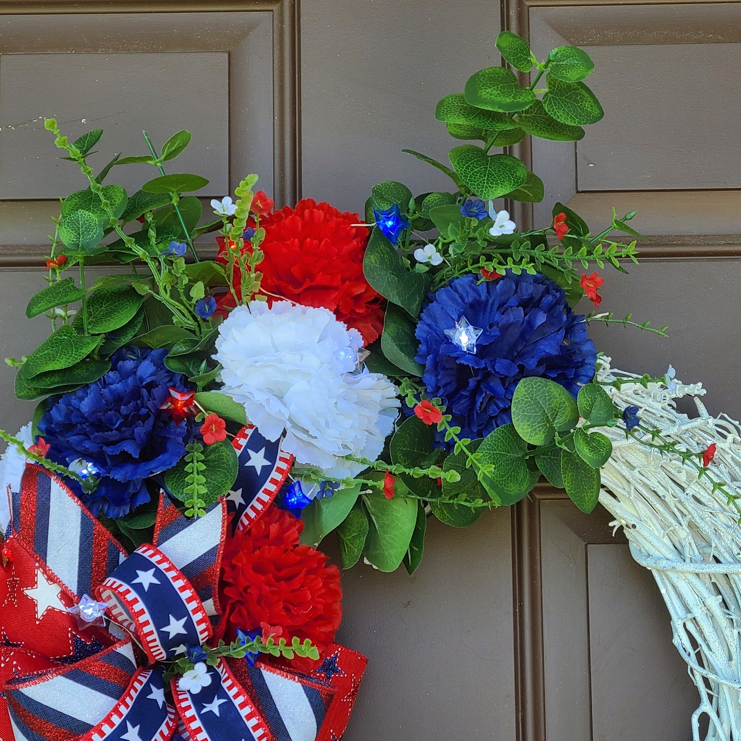 Patriotic Summer White Glitter Grapevine Wreath, Star Battery Powered Lights, Red, White & Blue Carnations Wreath, Fourth of July Wreath