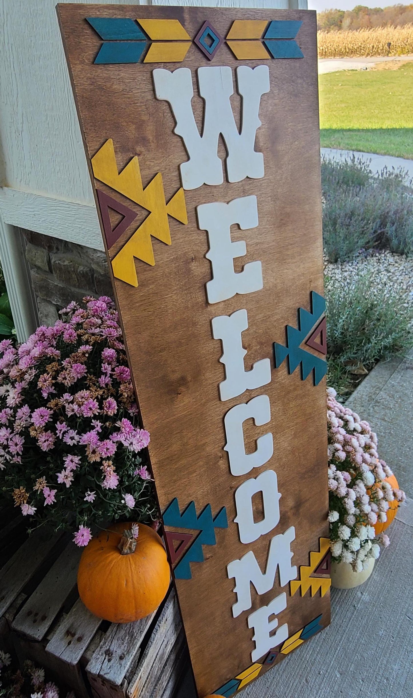 Wooden Rustic Western Aztec Welcome Front Porch Leaner Sign, Distressed Western Front Porch Decor, Welcome Porch Leaner Sign, 3D Wooden Sign
