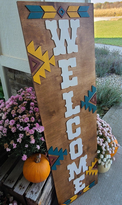 Wooden Rustic Western Aztec Welcome Front Porch Leaner Sign, Distressed Western Front Porch Decor, Welcome Porch Leaner Sign, 3D Wooden Sign