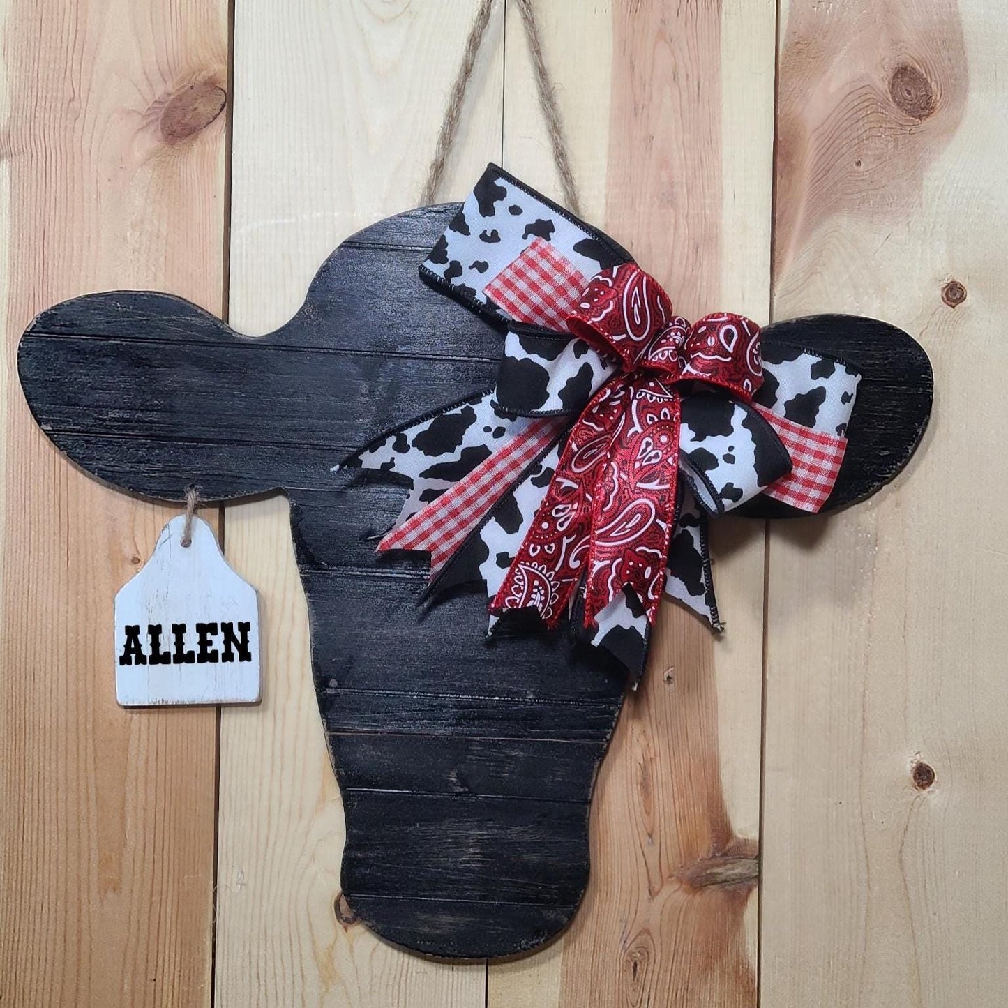 Rustic Wooden Cow Head Door Hanger with Personalized Ear Tag, Cow Head Sign, Personalized Cow Head Farmhouse Decor, Antique Black Cow Head.